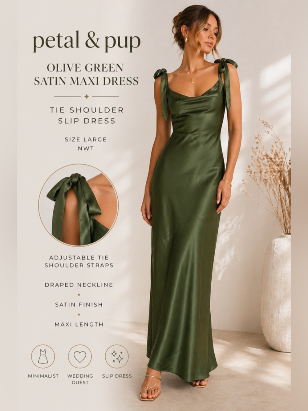 Petal & Pup Olive Green Satin Maxi Dress Tie Shoulder Slip Dress NWT Size Large